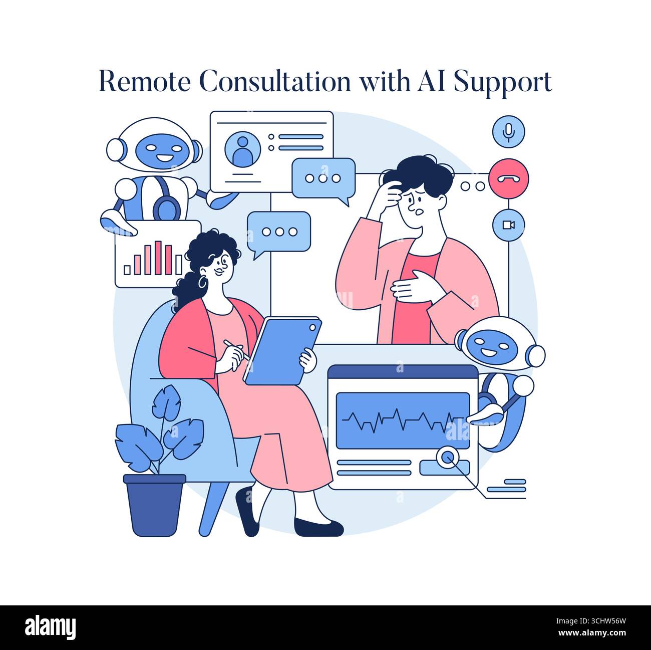 Remote AI consultation with two people interacting with AI robots ...