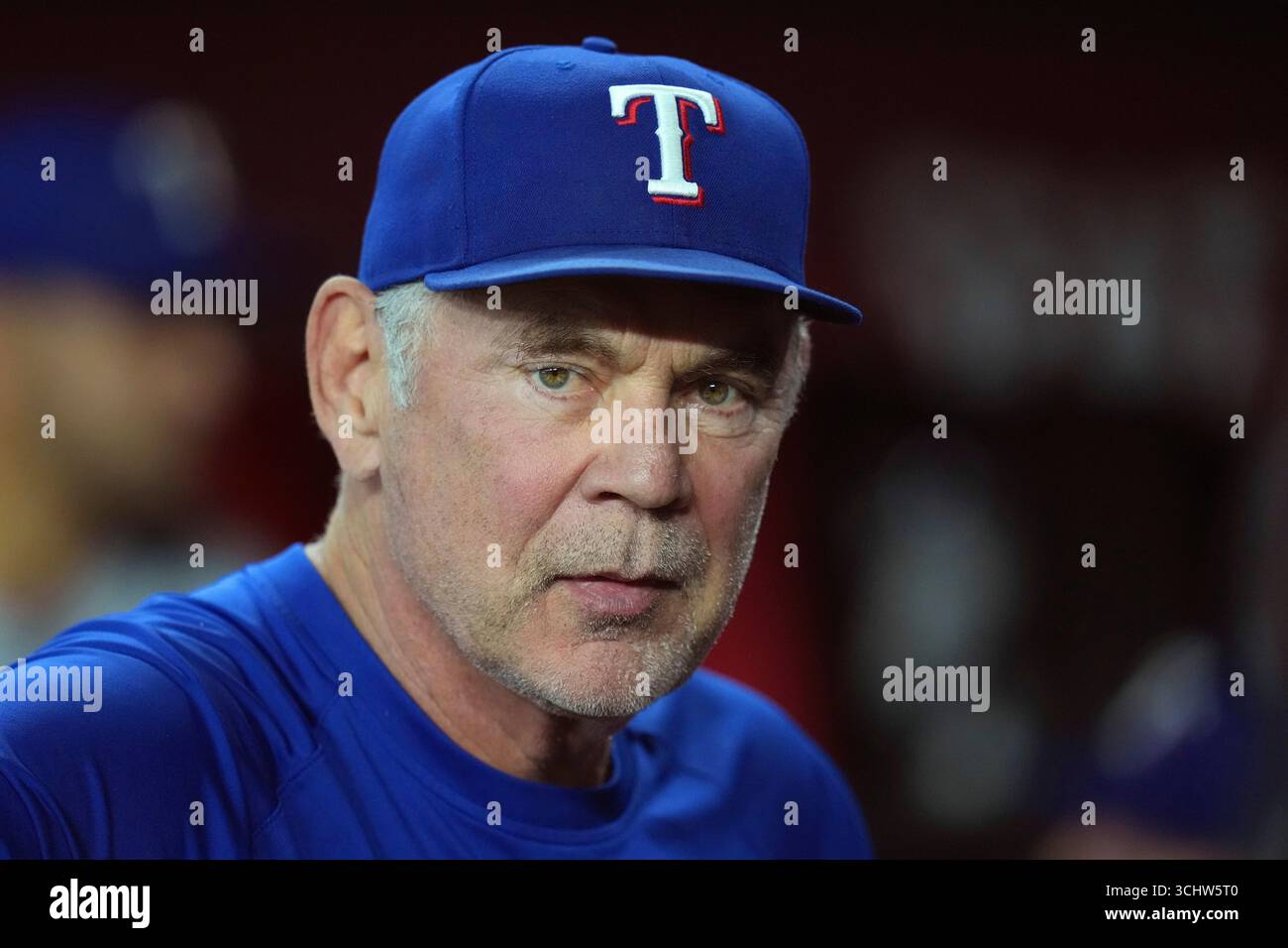 Texas Rangers manager Bruce Bochy pauses in the team dugout prior to a ...