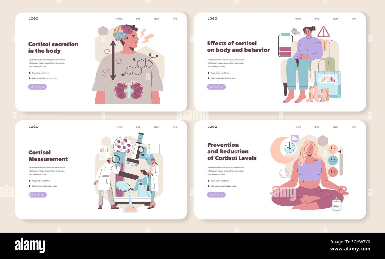 Set of vector illustrations depicting cortisol's effects on the body ...