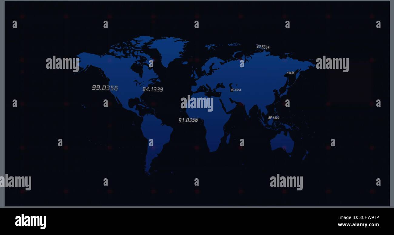 Displaying blue world map graphic on navy grid background, showing floating numeric data labels Stock Photo
