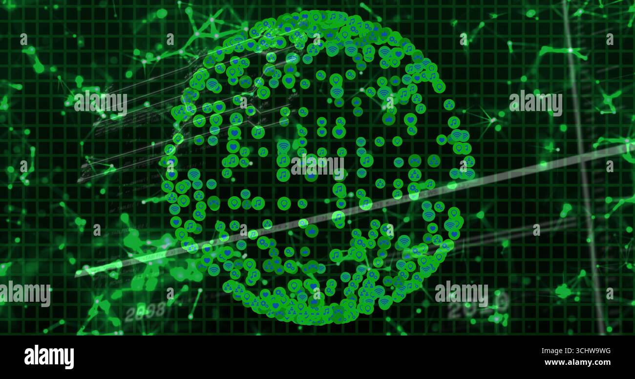 Displaying spherical green node network at digital grid interface, with diagonal scanning lines Stock Photo