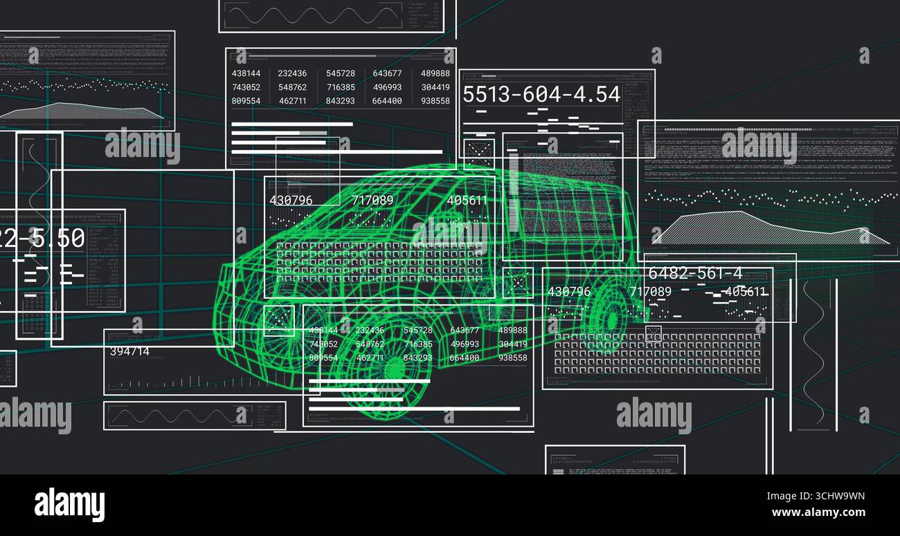 Visualizing neon green wireframe car model floating in 3D modeling interface, with data panels Stock Photo