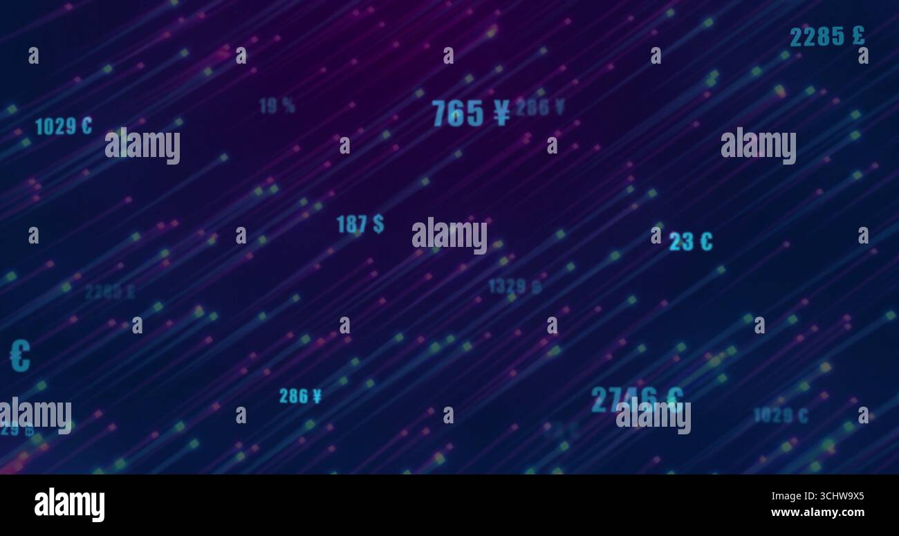 Streaming neon diagonal light streaks across data network dashboard, with floating currency values Stock Photo