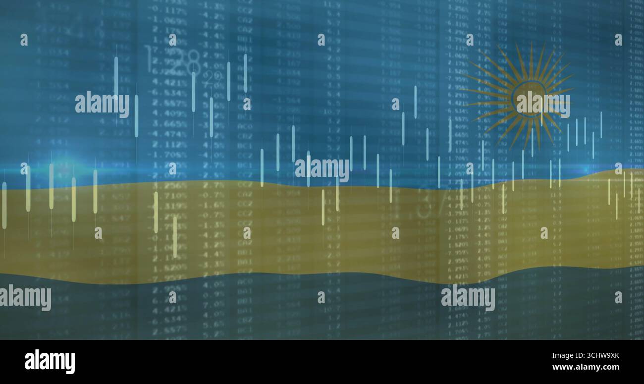 Displaying golden wave ribbon rising on data dashboard, showing numeric data and candlestick bars Stock Photo