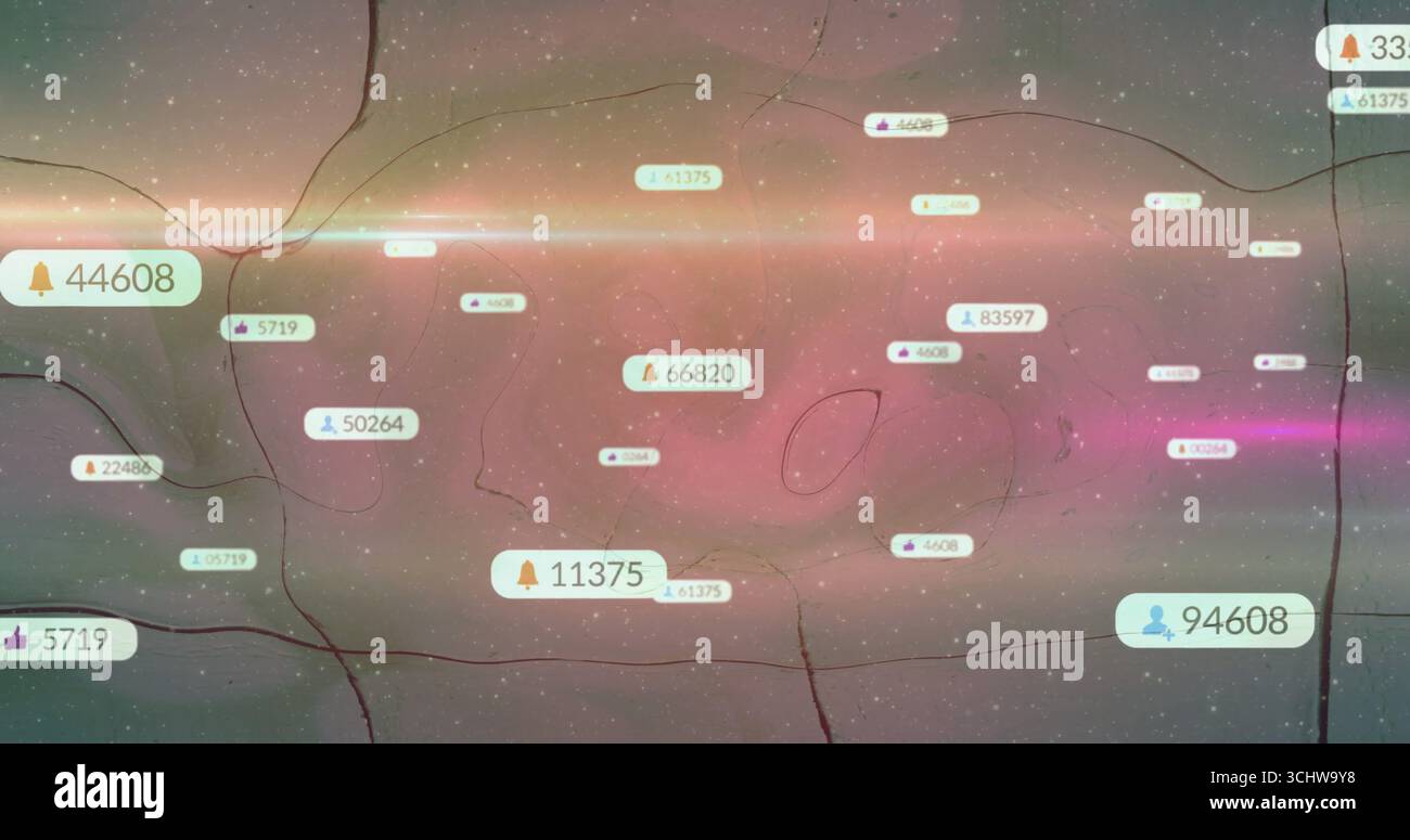 Drifting notification badges floating across cosmic visualization, with icons and numeric counts Stock Photo