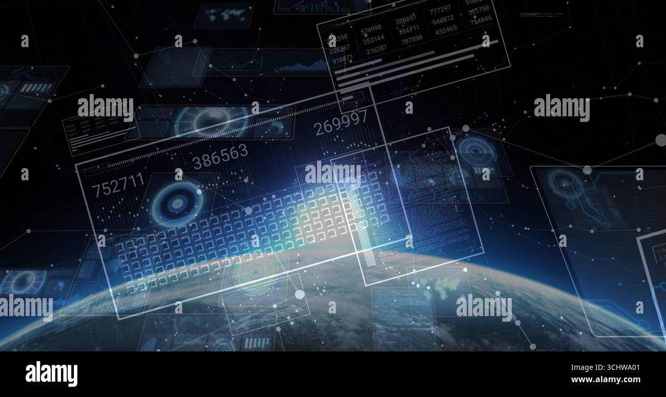 Displaying floating data panels above Earth horizon, with holographic grid, numeric data, nodes Stock Photo