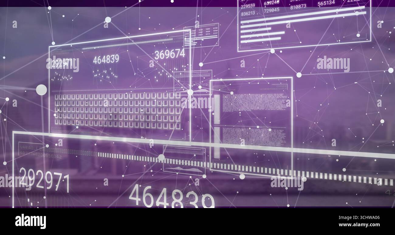 Displaying abstract data interface floating in virtual environment, with UI panels and node network Stock Photo
