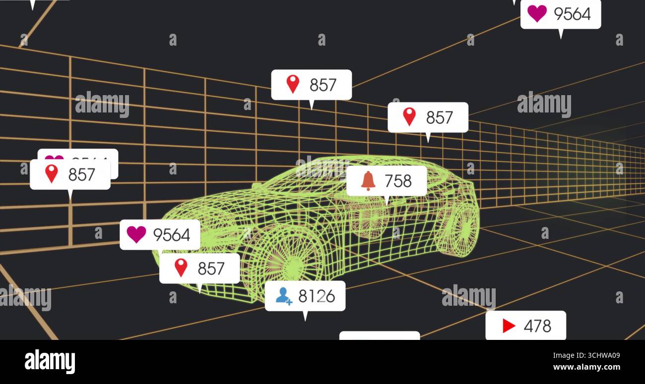 Displaying neon-green wireframe car rotating inside orange grid space, with floating notifications Stock Photo
