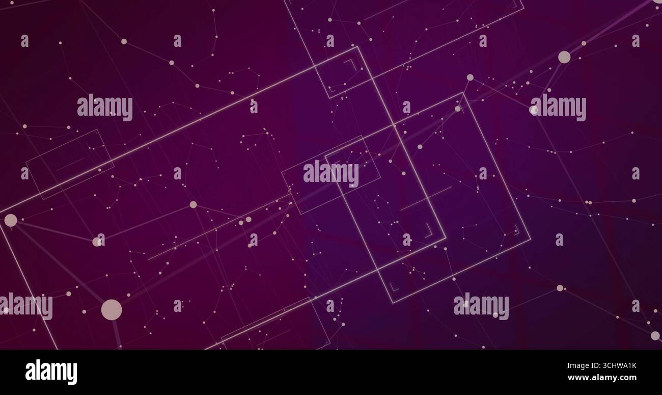 Displaying geometric network pattern in cyberspace, with glowing rectangular frames and nodes Stock Photo