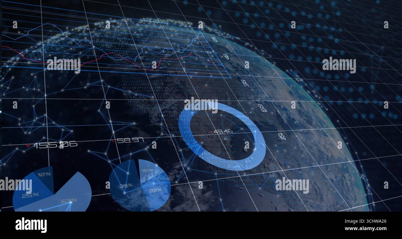 Rotating 3D Earth globe showing data charts, grid overlay and numeric labels in analytics hub Stock Photo