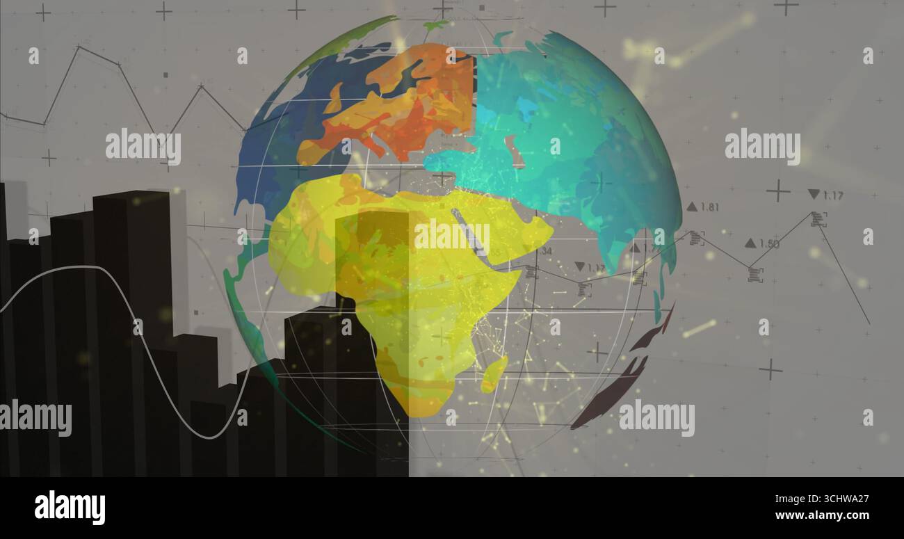Displaying stylized 3D globe rotating in virtual data interface, with bar and line charts and nodes Stock Photo