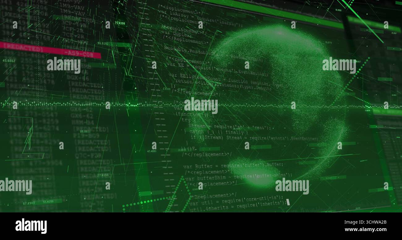 Displaying computer screen showing code, numbers, grid patterns, red bar, glowing globe, copy space Stock Photo