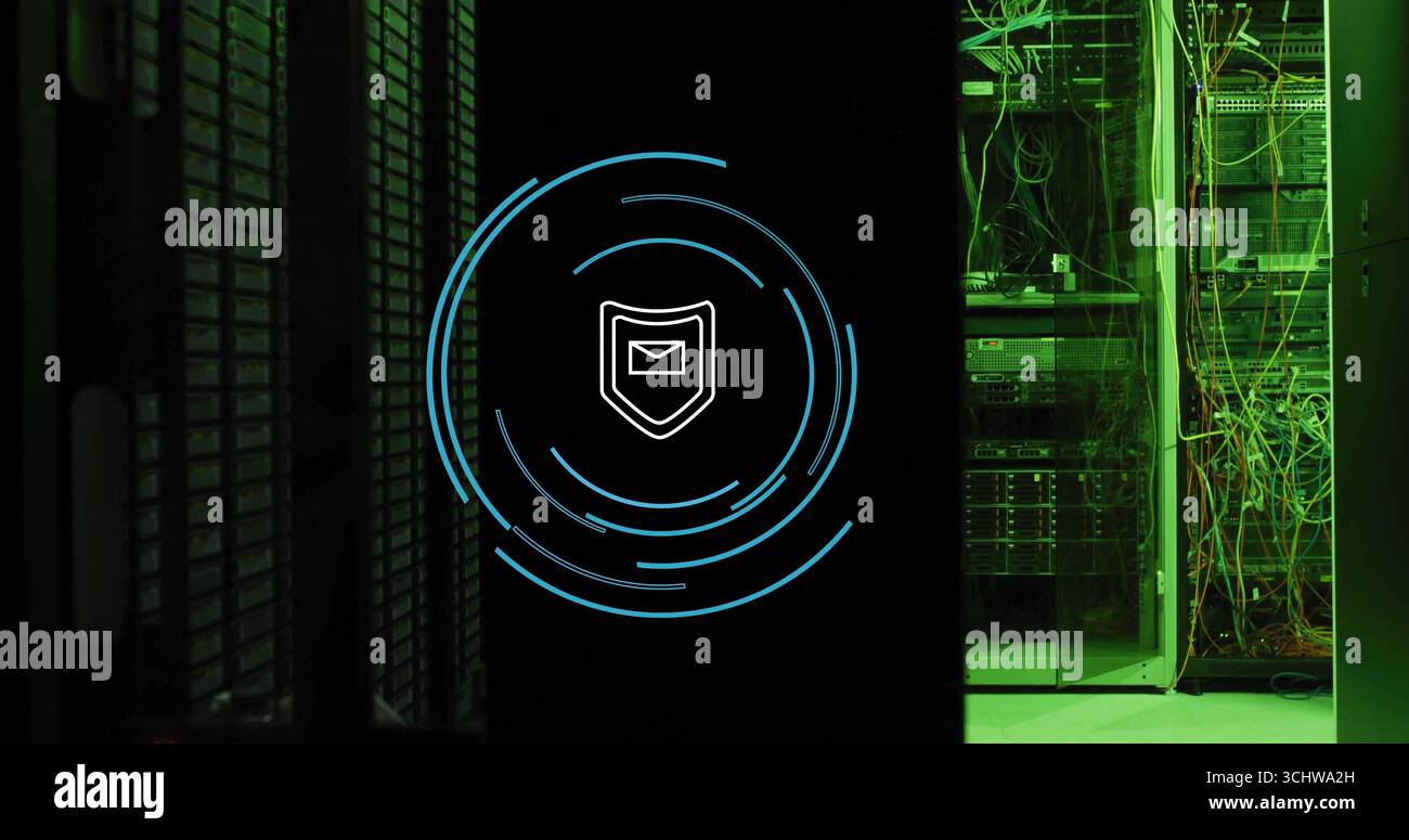 Showing shield with envelope icon hovering over data center corridor, network cables and blue lines Stock Photo