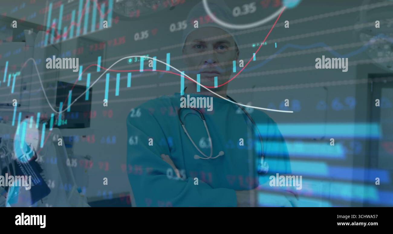 Gazing doctor wearing teal scrubs monitoring stock market chart overlay in hospital, stethoscope Stock Photo
