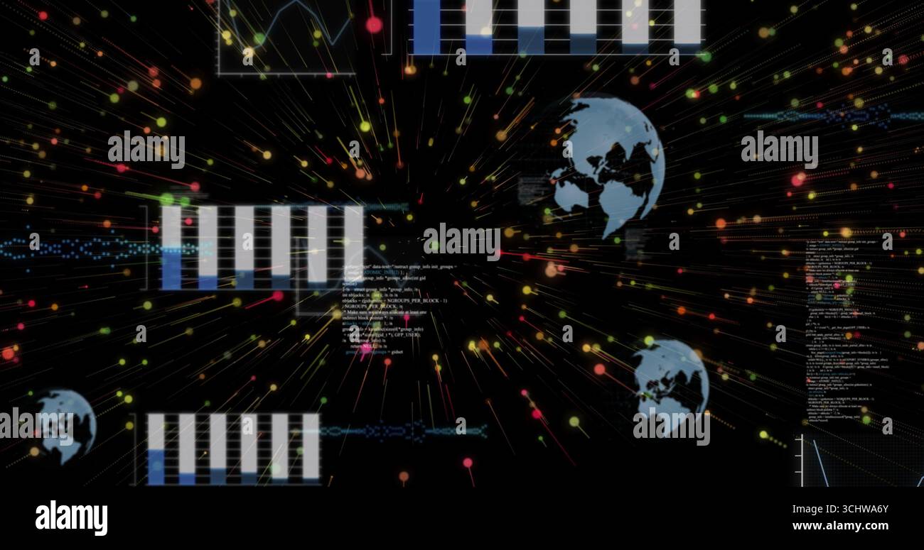 Displaying data network radiating light on black canvas, with bar charts, globes, code lines, nodes Stock Photo