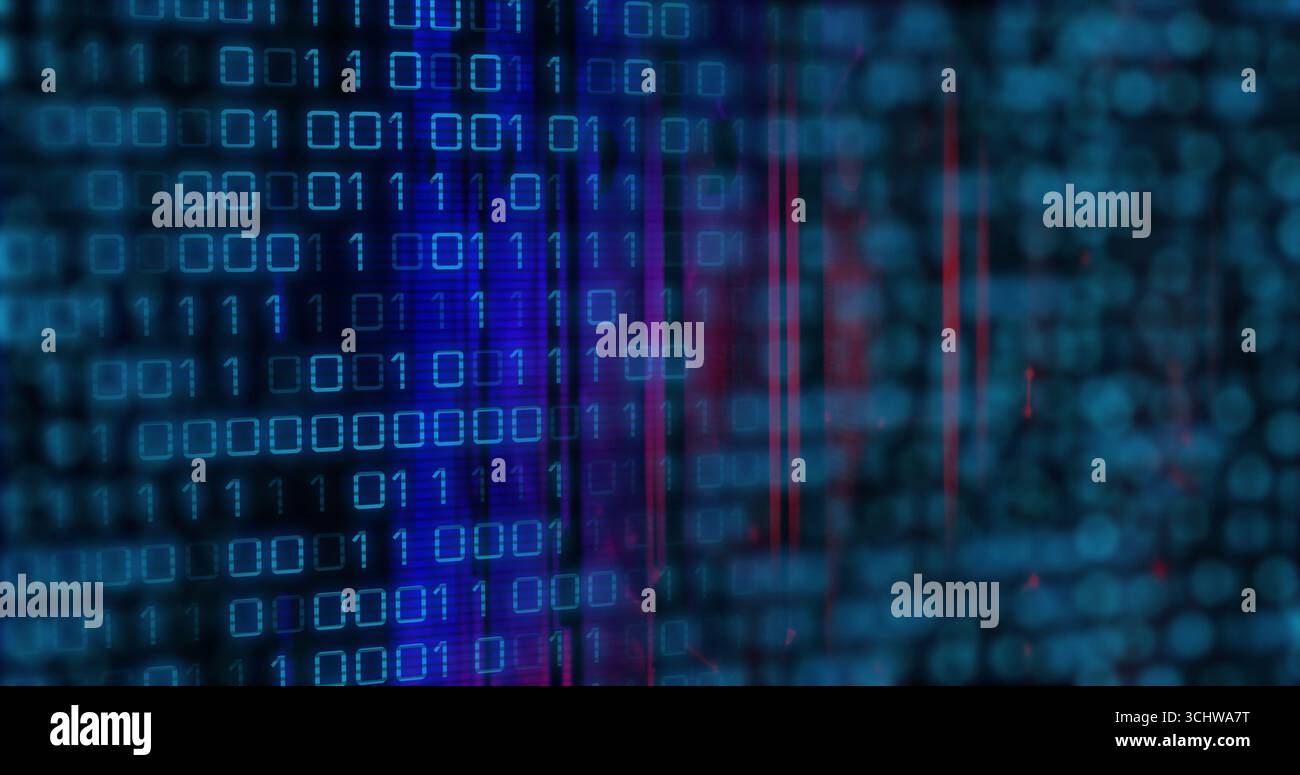 Streaming grid of glowing binary digits and colored streaks at computer screen, with code interface Stock Photo