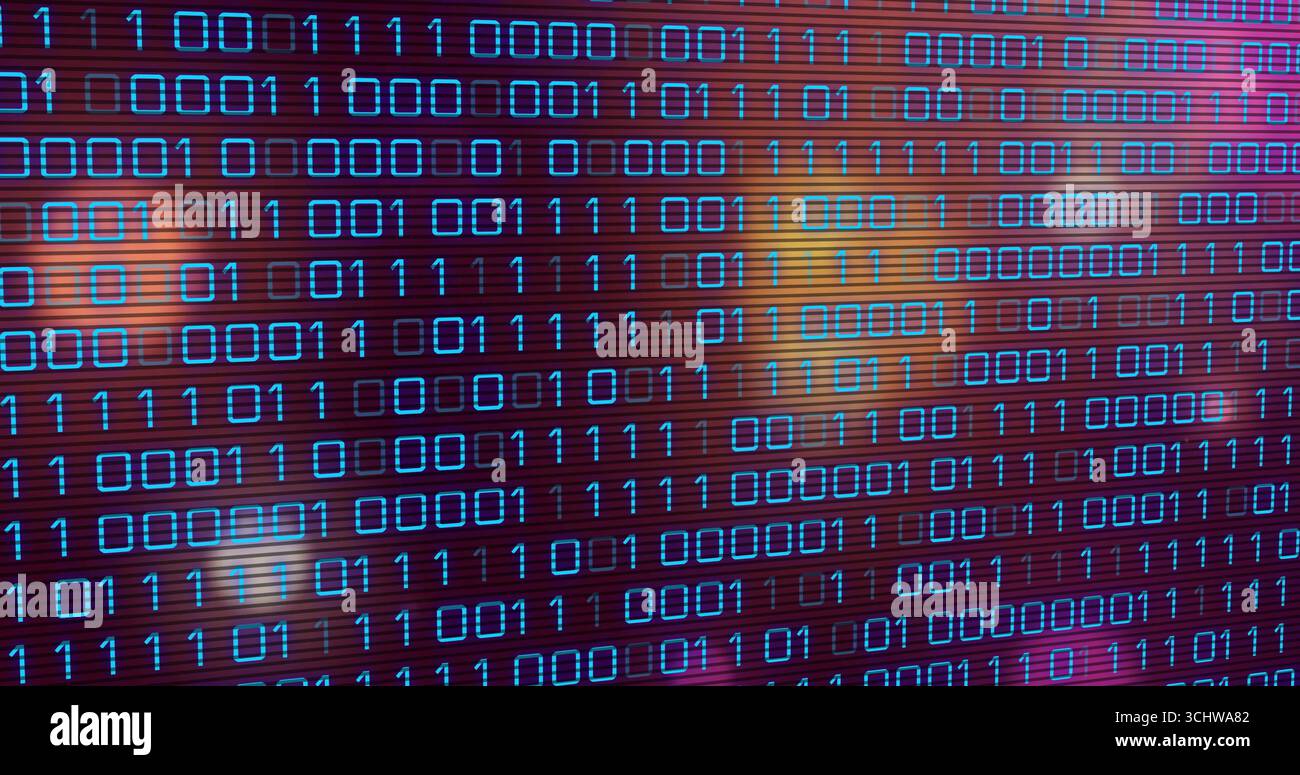 Displaying glowing blue binary code matrix on computer screen interface, with blurred bokeh lights Stock Photo