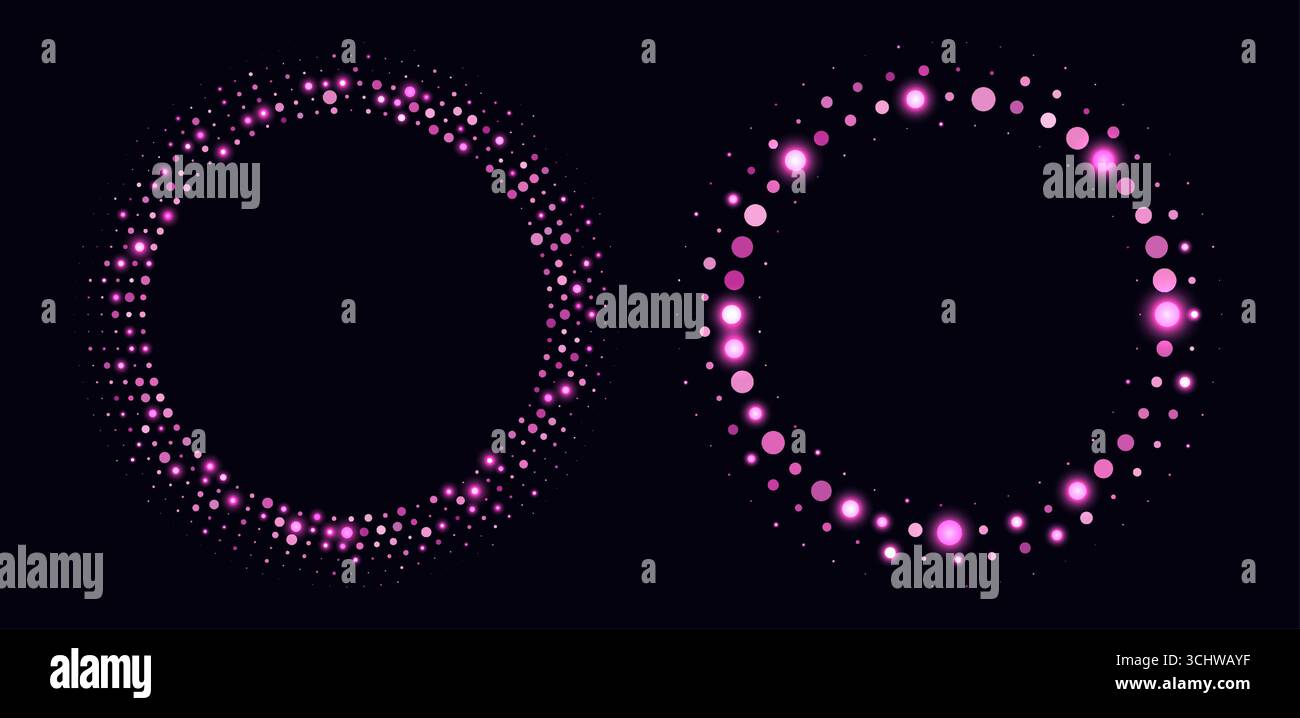 Pink halftone frames, glowing circle borders, round pattern with dots, radial disco luxury design element. Stock Vector