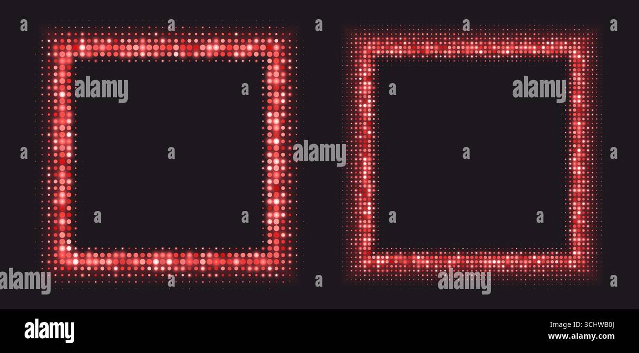 Red halftone frames, glowing square borders, pattern with dots, radial disco luxury design element. Stock Vector