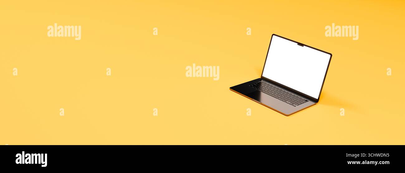 Realistic Apple MacBook Air Space Gray 15". Isolated aluminium laptop over yellow background and blank screen for place your design, ready for mockup. Stock Photo