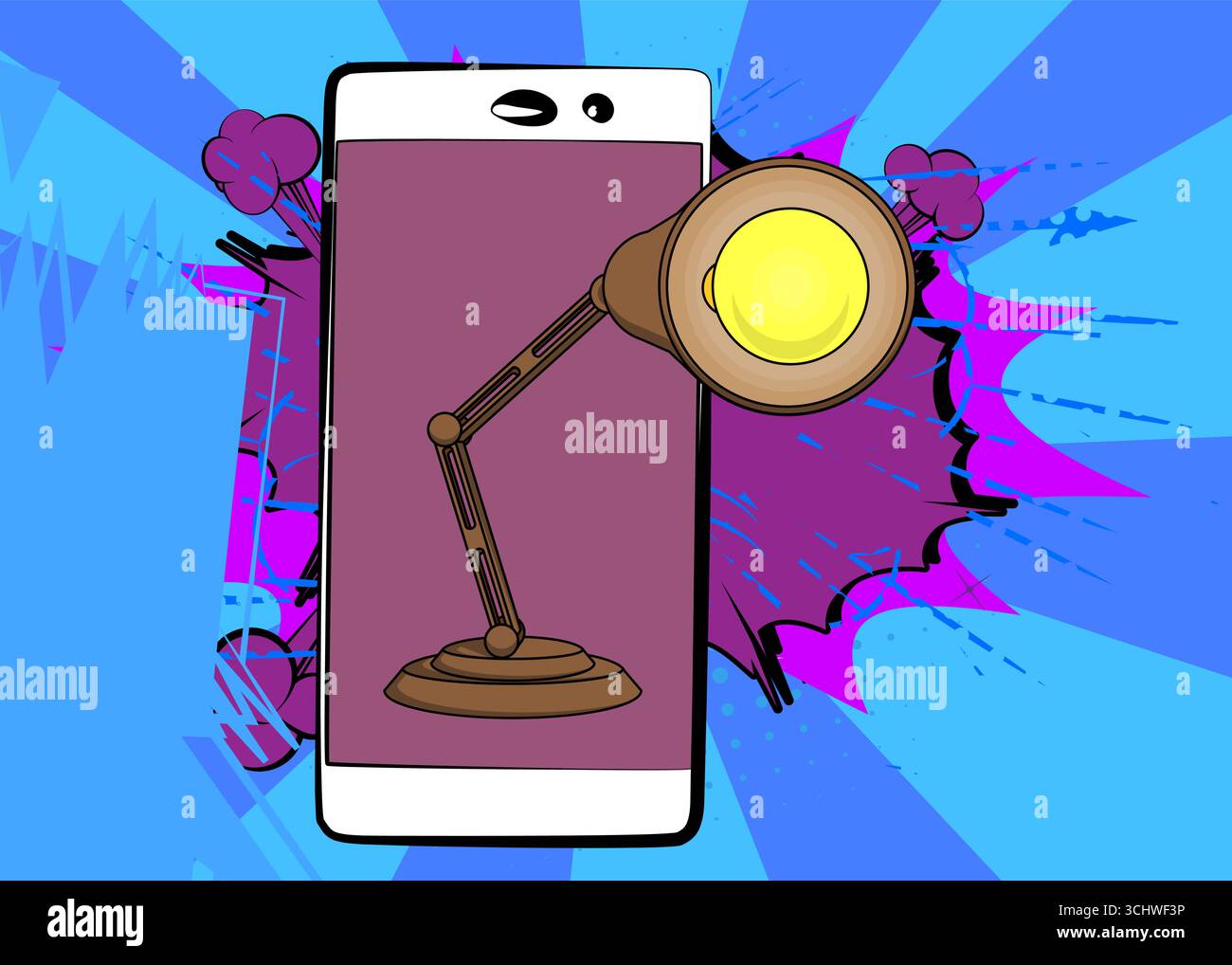 Cartoon Smartphone, comic book Telephone with Office lamp. Retro vector ...