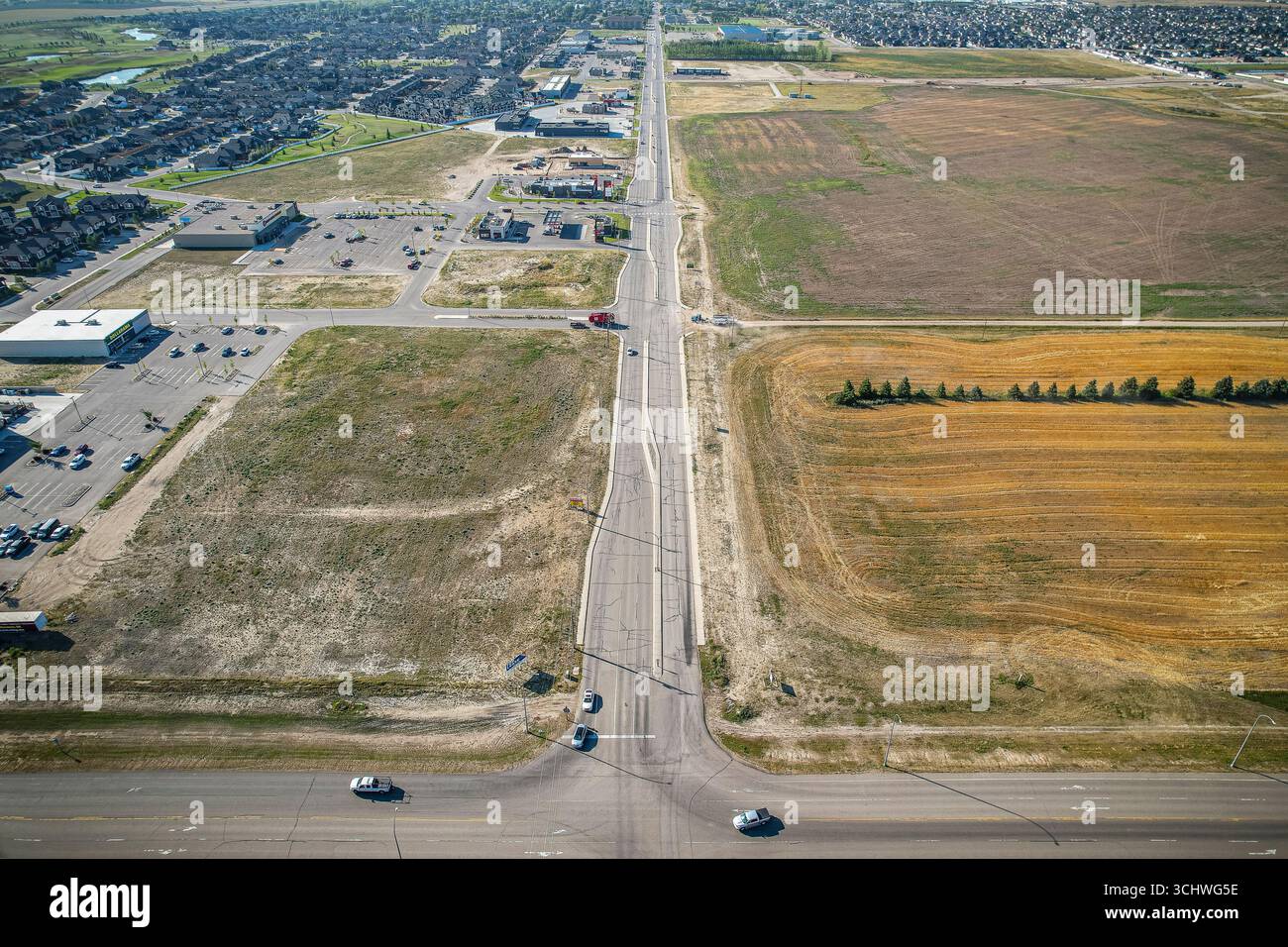 Aerial drone view of the small city of Warman, Saskatchewan, Canada ...