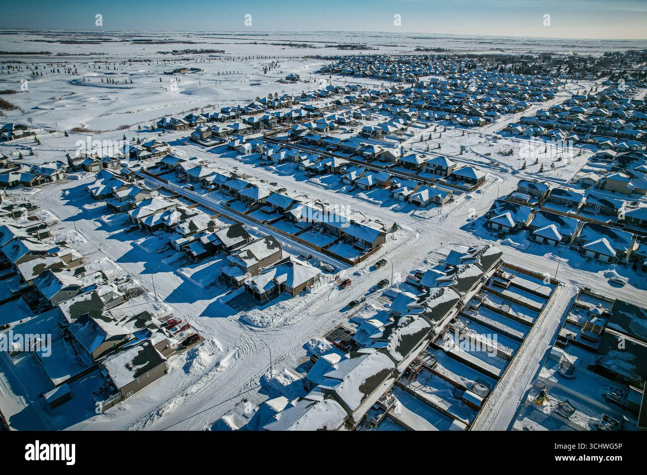 Aerial drone view of the small city of Warman, Saskatchewan, Canada ...