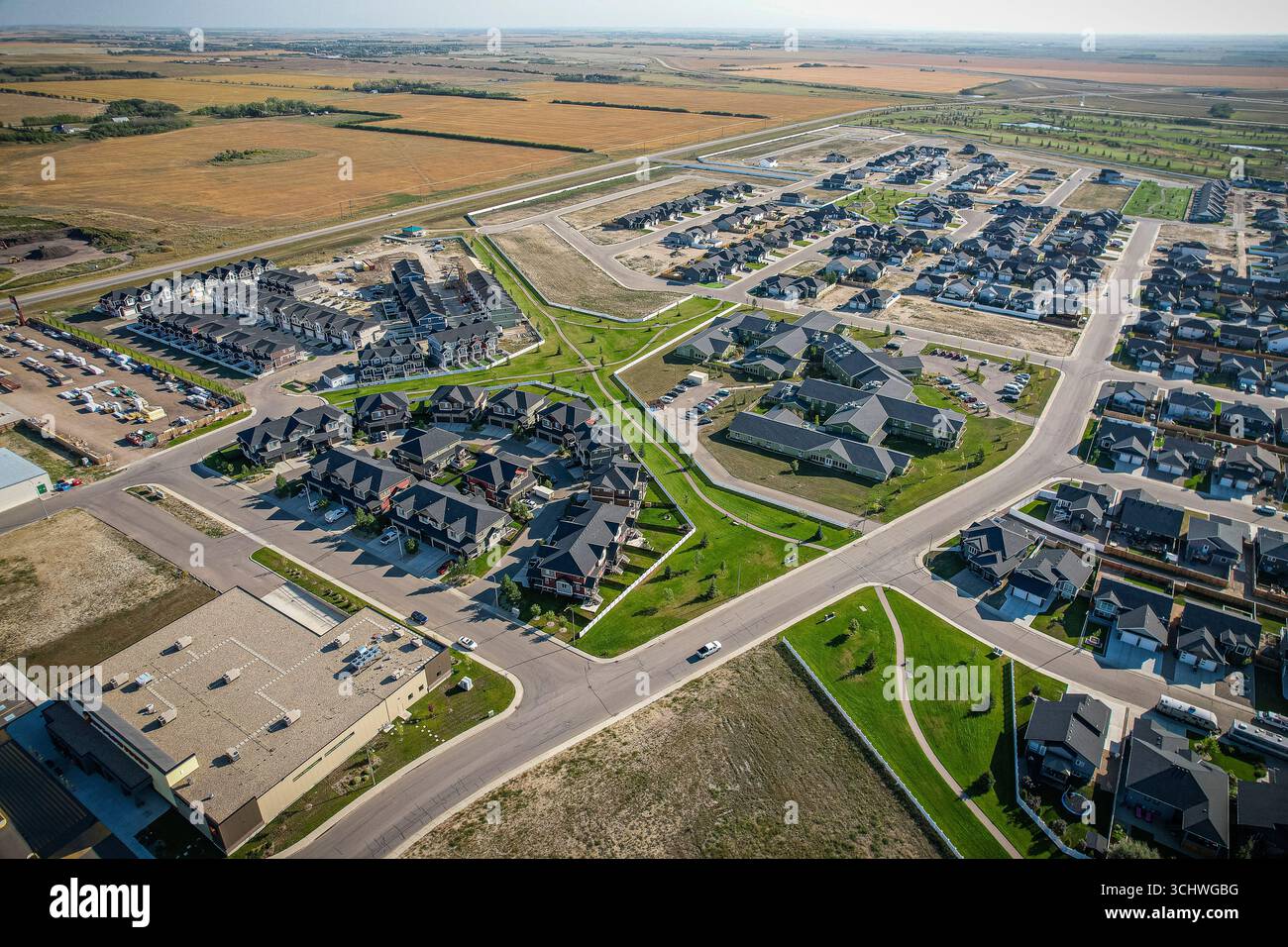 Aerial drone view of the small city of Warman, Saskatchewan, Canada ...