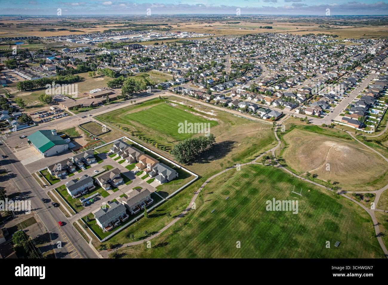 Aerial drone view of the small city of Warman, Saskatchewan, Canada ...