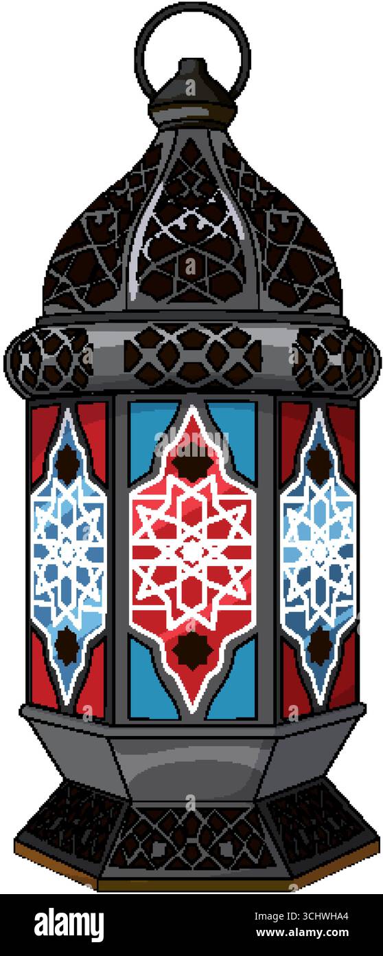 Vector illustration of ornate lantern with colorful geometric glass, intricate metalwork, and bold outlines Stock Vector