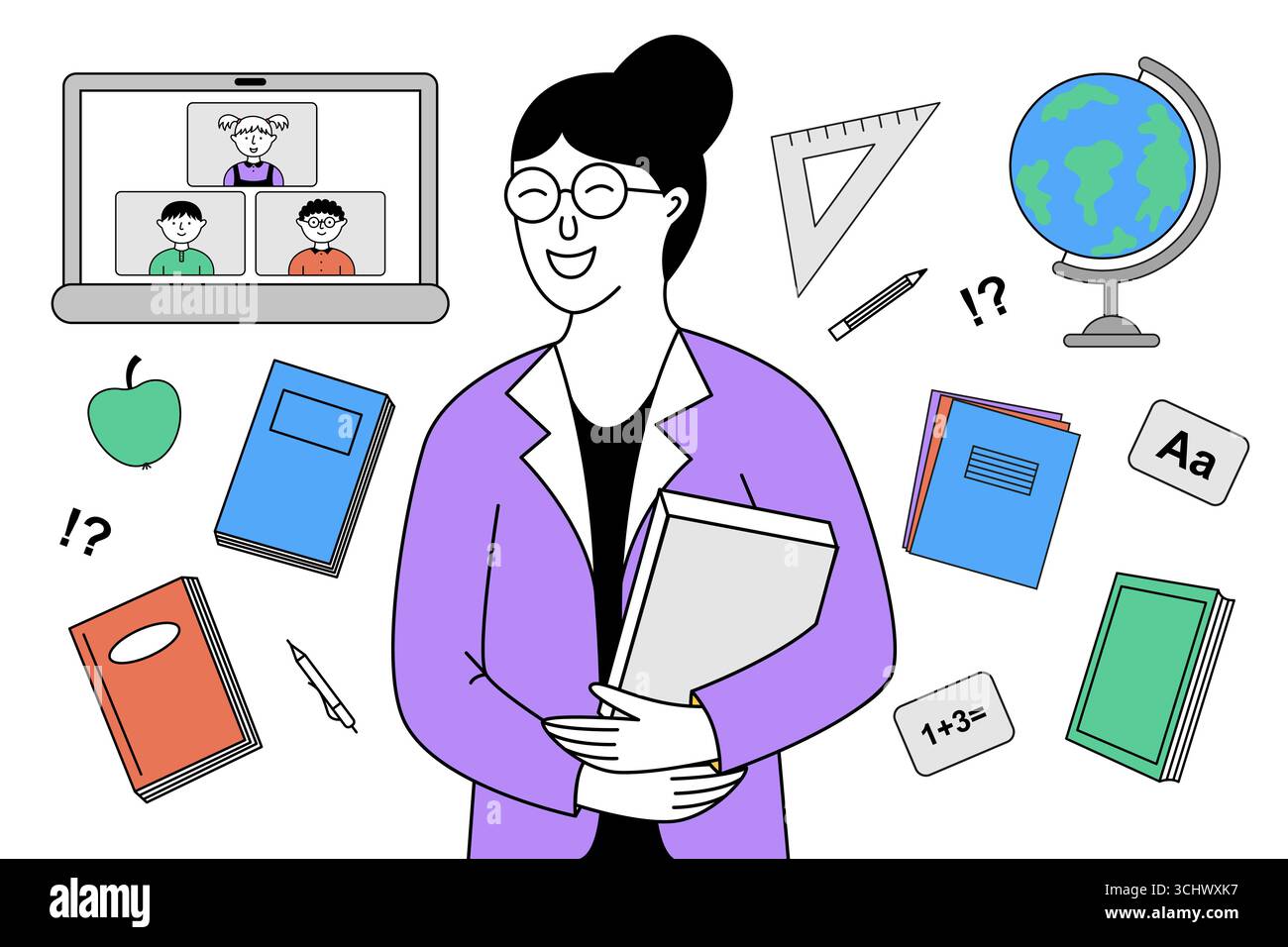 Minimalist linear illustration of a female teacher holding a book, surrounded by school elements. Stock Vector