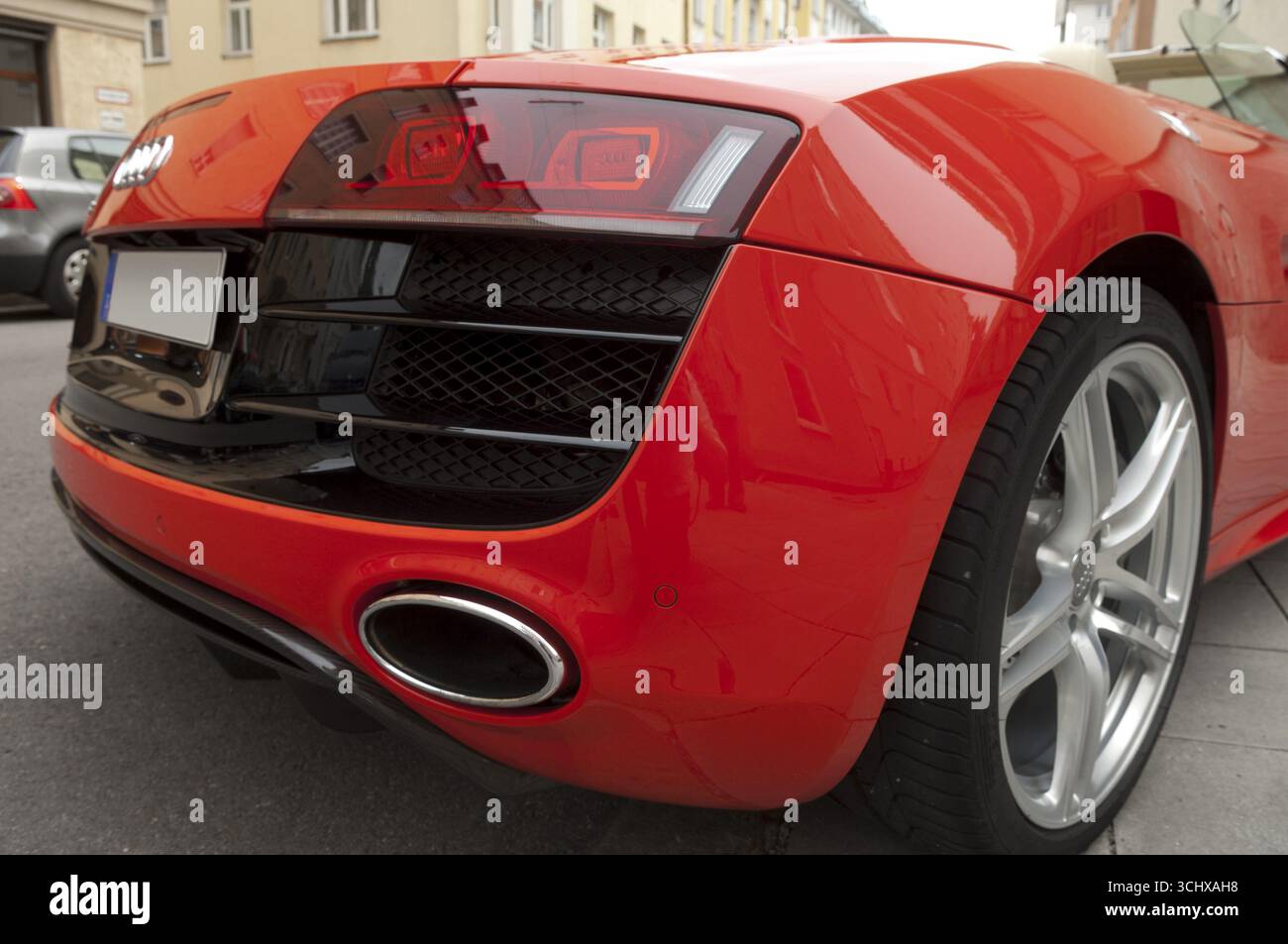Red Audi R8, V10 engine, rear view Stock Photo