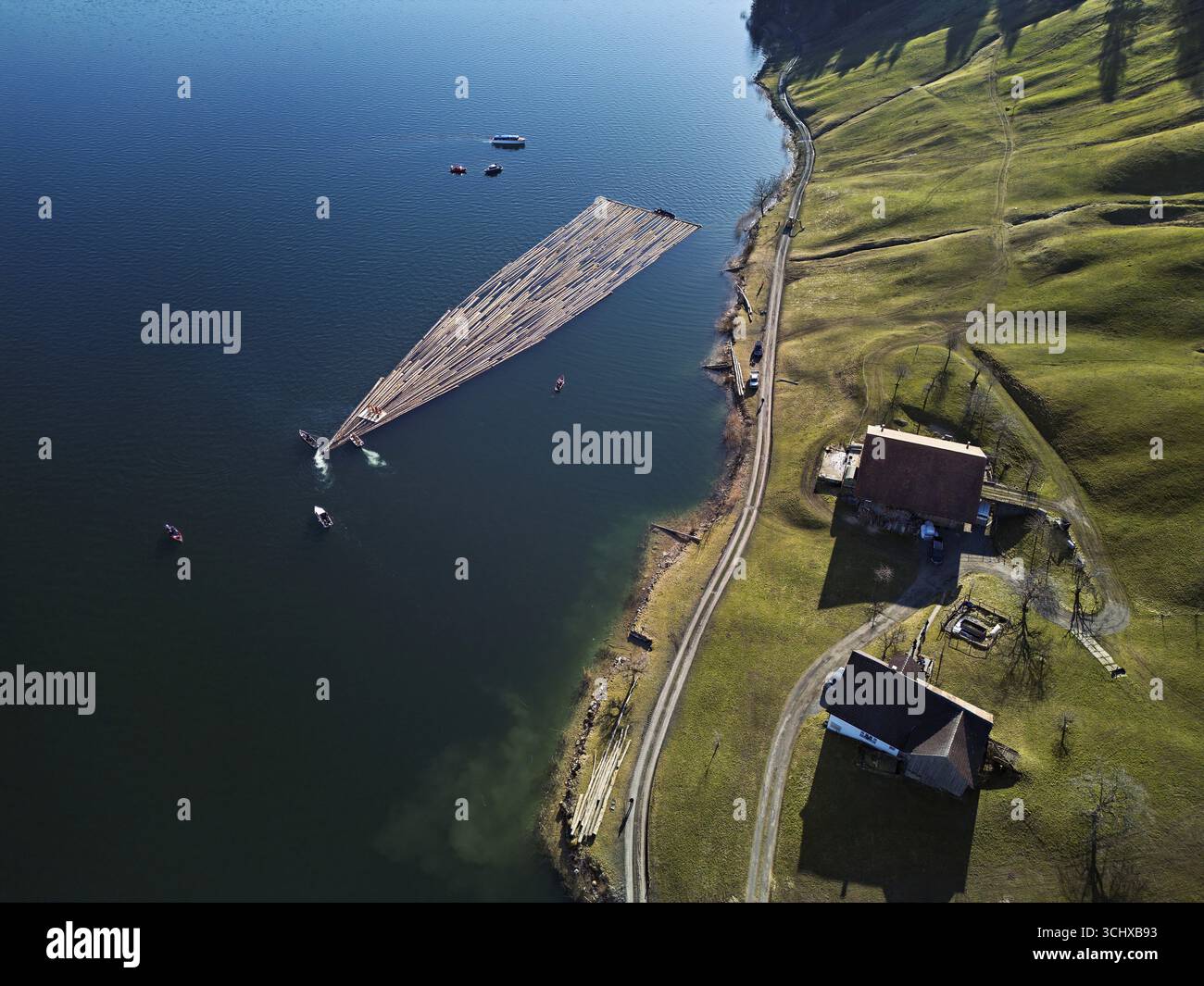 Forestry workers float a raft of felled tree trunks from the Bergmatt ...