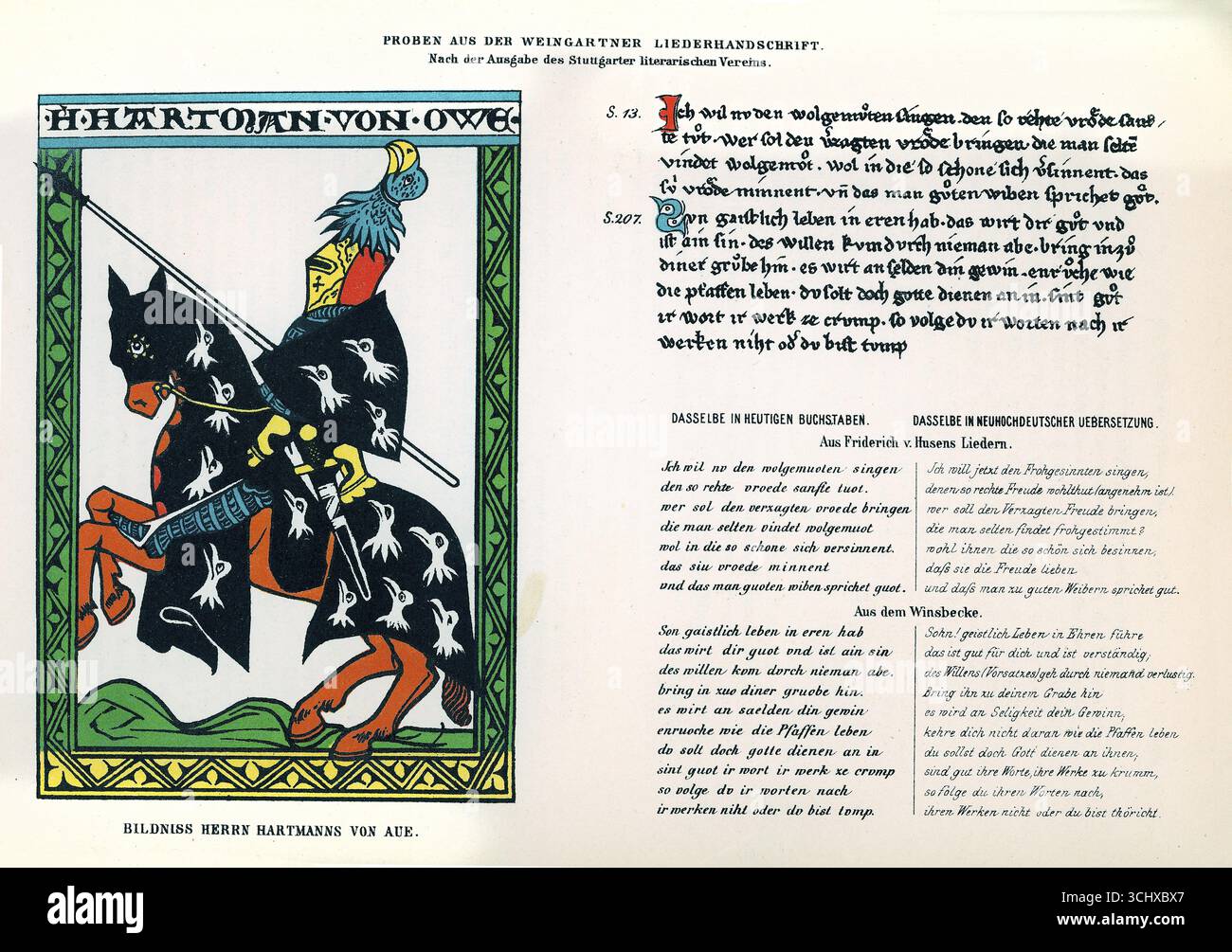 Hartmann von Aue, around 1210 - 1220, Weingartner Liederhandschrift, German literary history, by Robert Koenig, 9th edition from 1881 Stock Photo