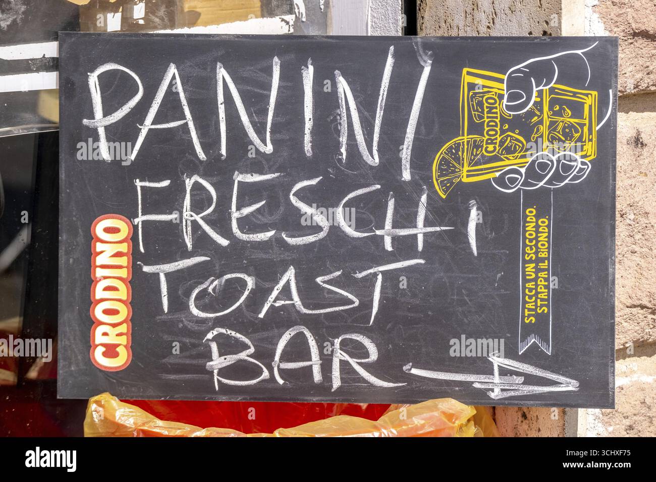 Sardinia, sign with Panini Freschi Toast Bar, Bosa, Europe, Province of Oristano, Italy, outdoor, cafe, food, fresh, gastronomy, sign, shop, orientati Stock Photo