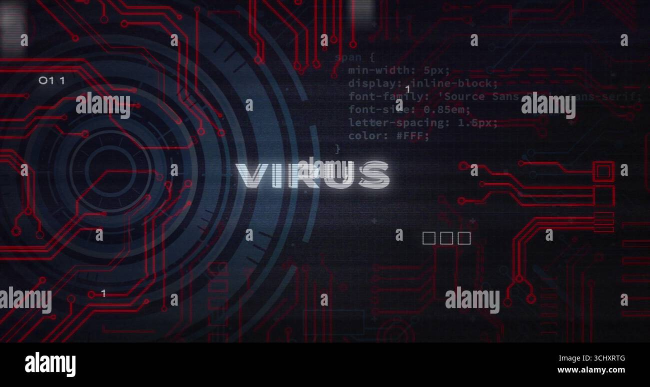 Displaying glowing 'VIRUS' warning text on security dashboard, with red circuit traces and code Stock Photo