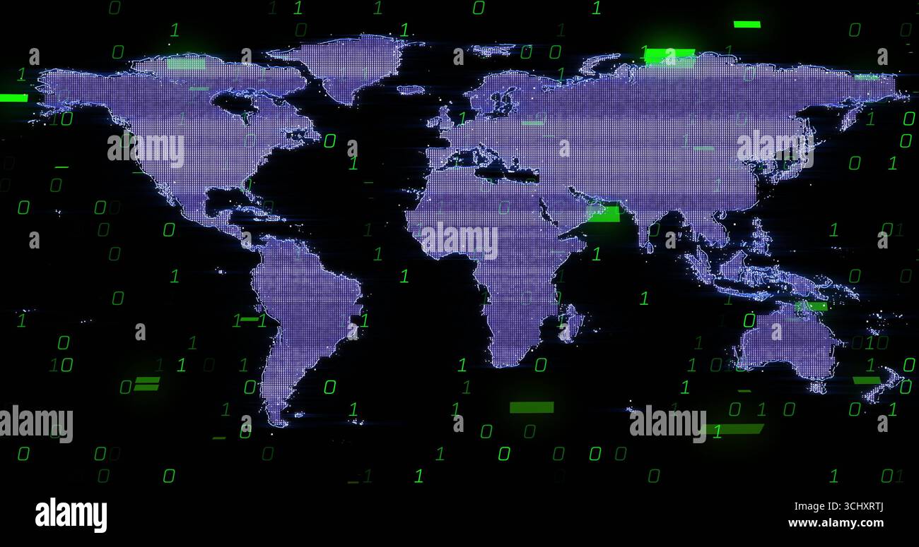 Pixelated purple world map displaying in virtual space, with green binary code and glitch bars Stock Photo