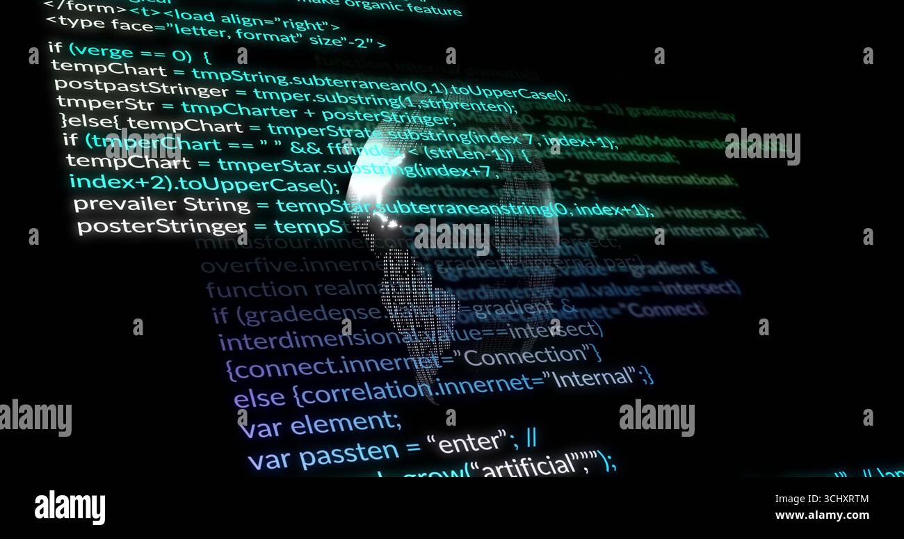 Floating programming code lines surrounding glowing wireframe globe in virtual digital interface Stock Photo