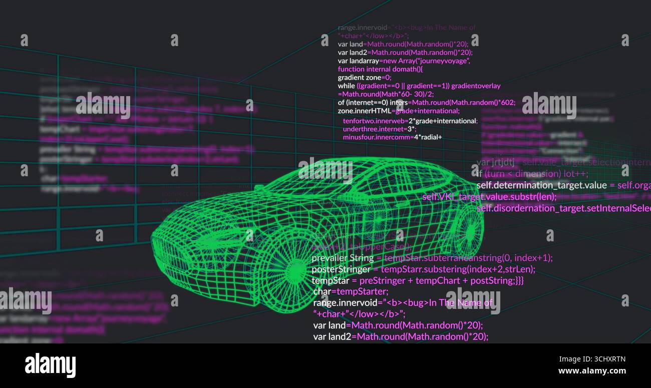 Floating neon green wireframe car hovering in virtual 3D workspace, with grid lines and code text Stock Photo
