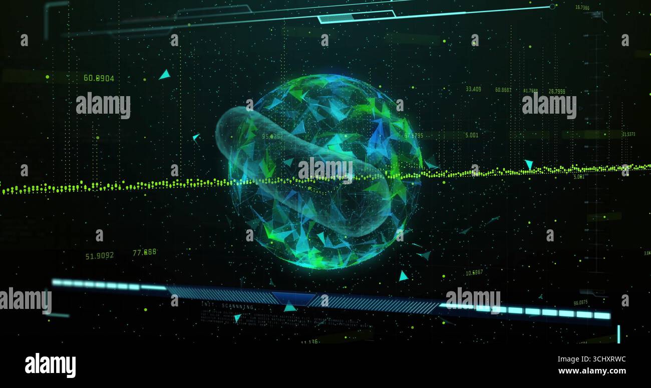 Floating holographic polygonal sphere displaying data points in HUD with scanning progress bar Stock Photo