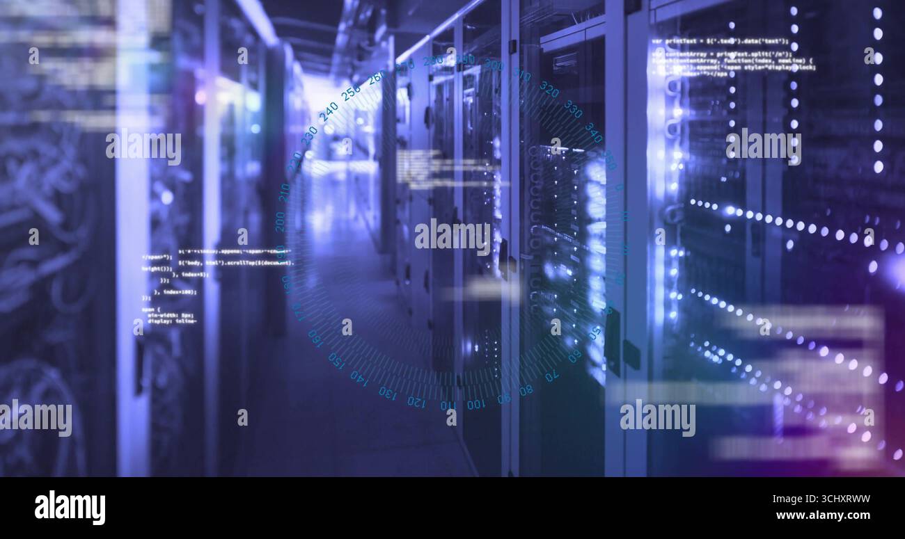 Glowing server racks lining data center hall, with switches, Ethernet cables and code, data overlay Stock Photo