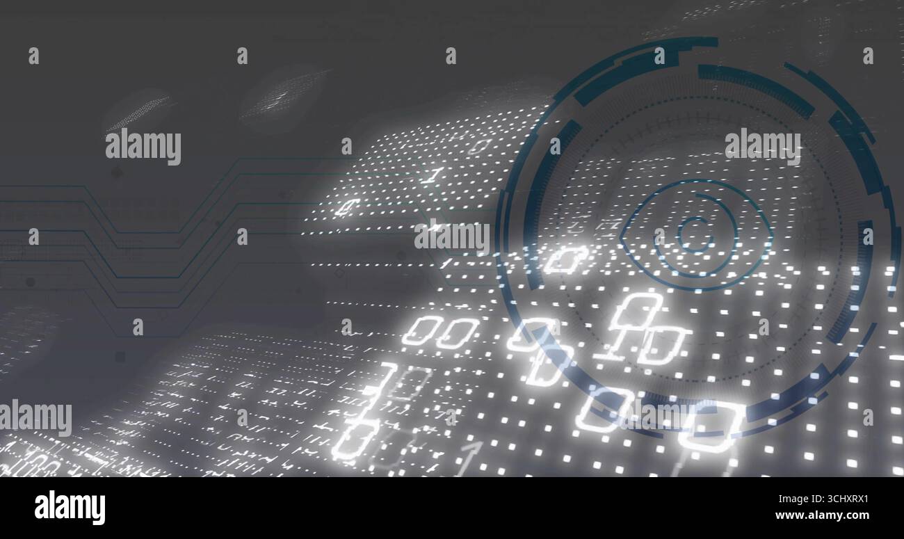 Displaying glowing dot grid, binary code in matrix, HUD ring with ...