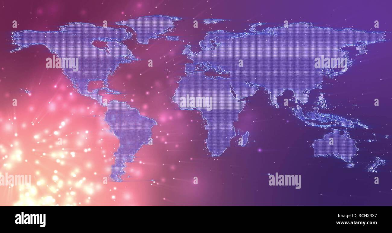 Displaying digital world map streaming binary data lines in purple-pink gradient, with light nodes Stock Photo