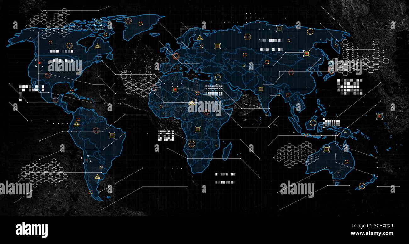 Displaying glowing world map on interface, showing hexagonal clusters, warning icons, grid patterns Stock Photo