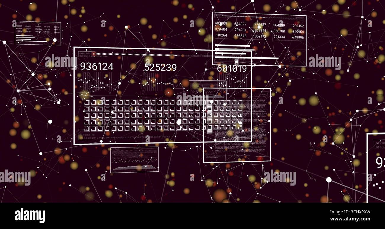 Displaying panel showing data matrix and numeric overlays on maroon scene with network nodes, bokeh Stock Photo