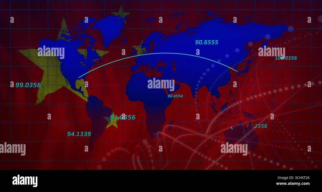 Displaying digital world map on red grid, showing numeric data, star markers, connection lines Stock Photo