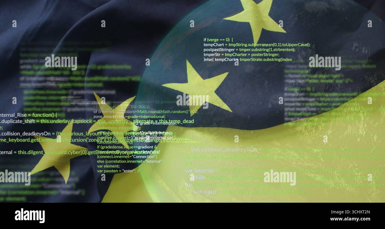 Translucent EU sphere floating in virtual code background, showing lines of JavaScript source code Stock Photo