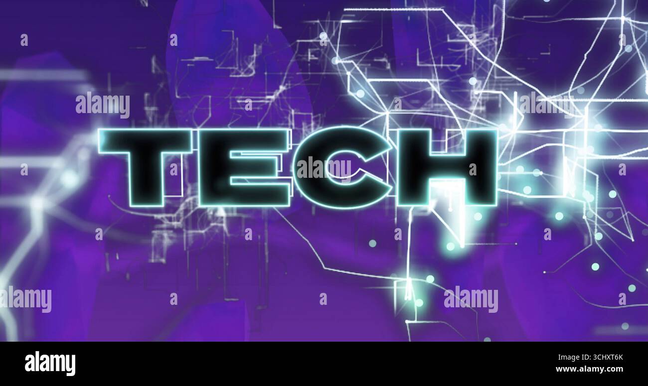 Glowing neon typography displaying TECH on data network backdrop with circuit lines, glowing nodes Stock Photo