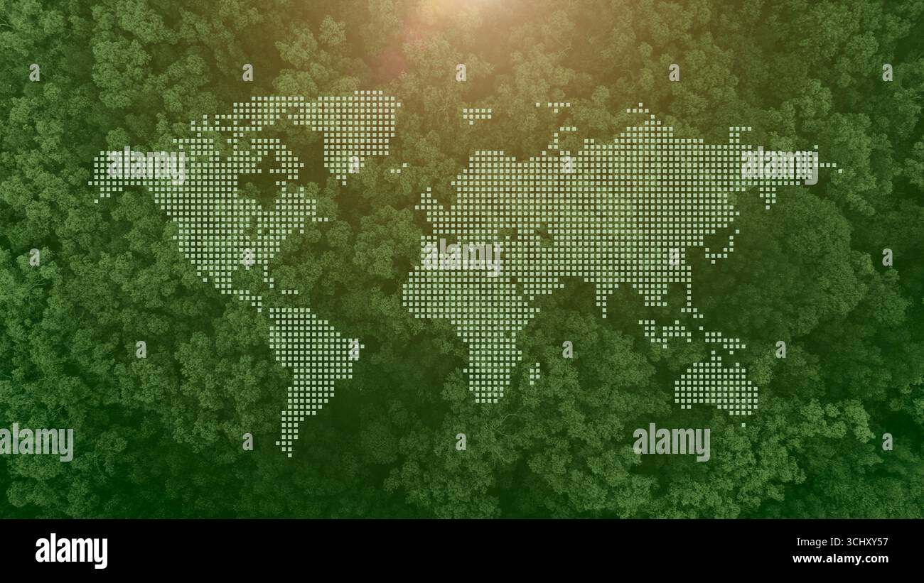 Green forests overlay world map for worlds environment days, Green eco ecosystem present background Stock Photo