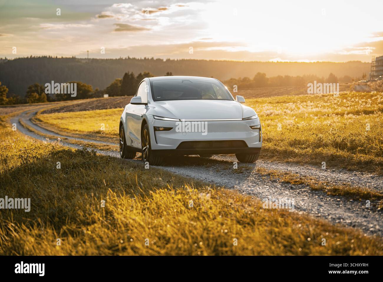 White car on a gravel road through a golden meadow at sunset, Tesla Model Y Juniper, electric car Stock Photo
